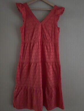 LOFT Coral Pink Gold Shimmer Metallic Ruffle Tiered V-Neck Midi Dress
